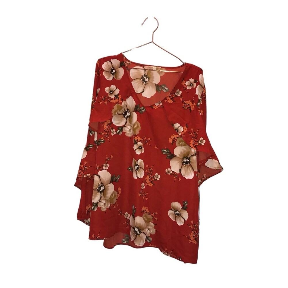 ODDY Floral Ruffle Sleeve Blouse - Size 2XL - V Neck